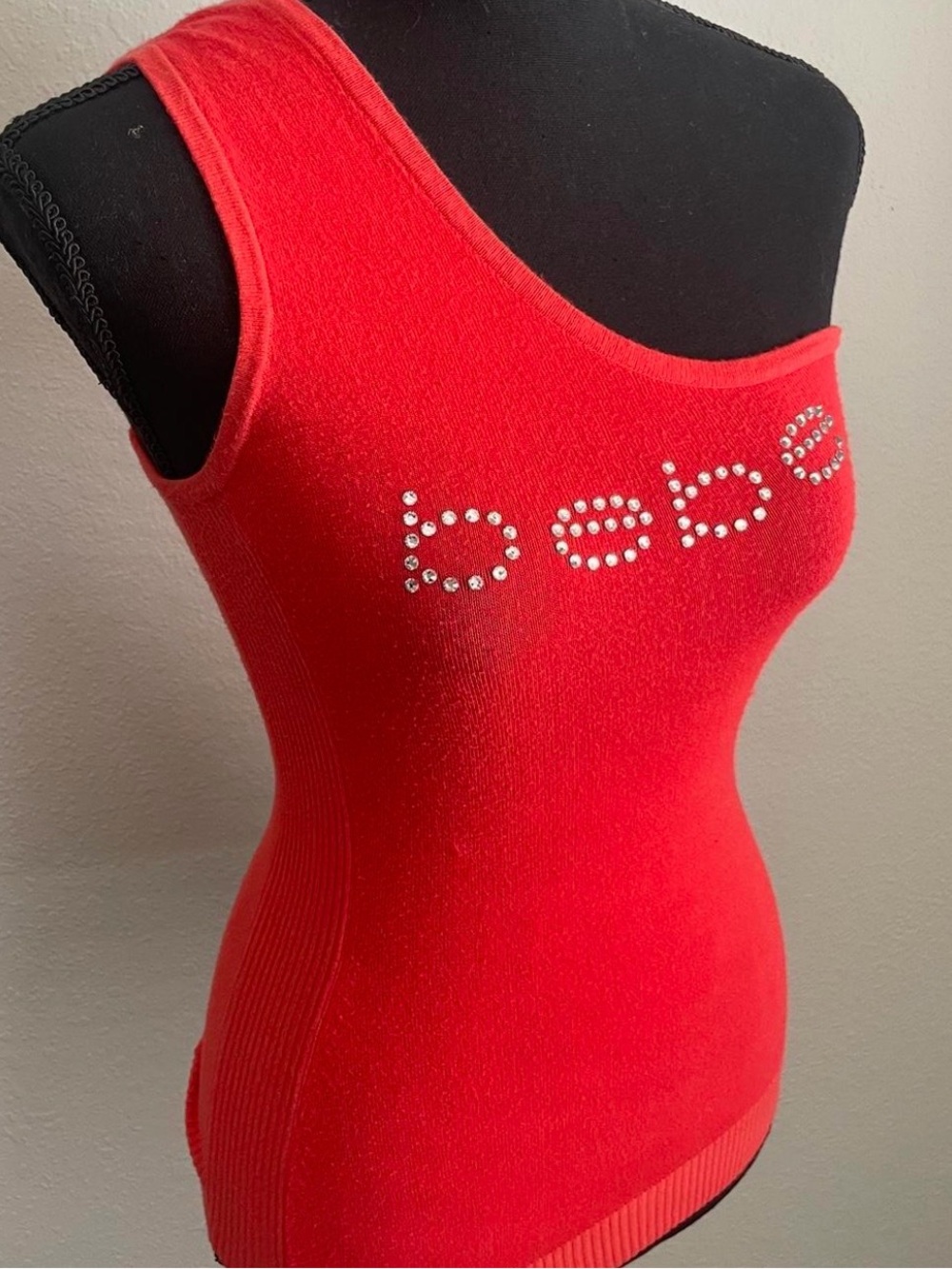 bebe Red One-Shoulder Rhinestone Logo Tank